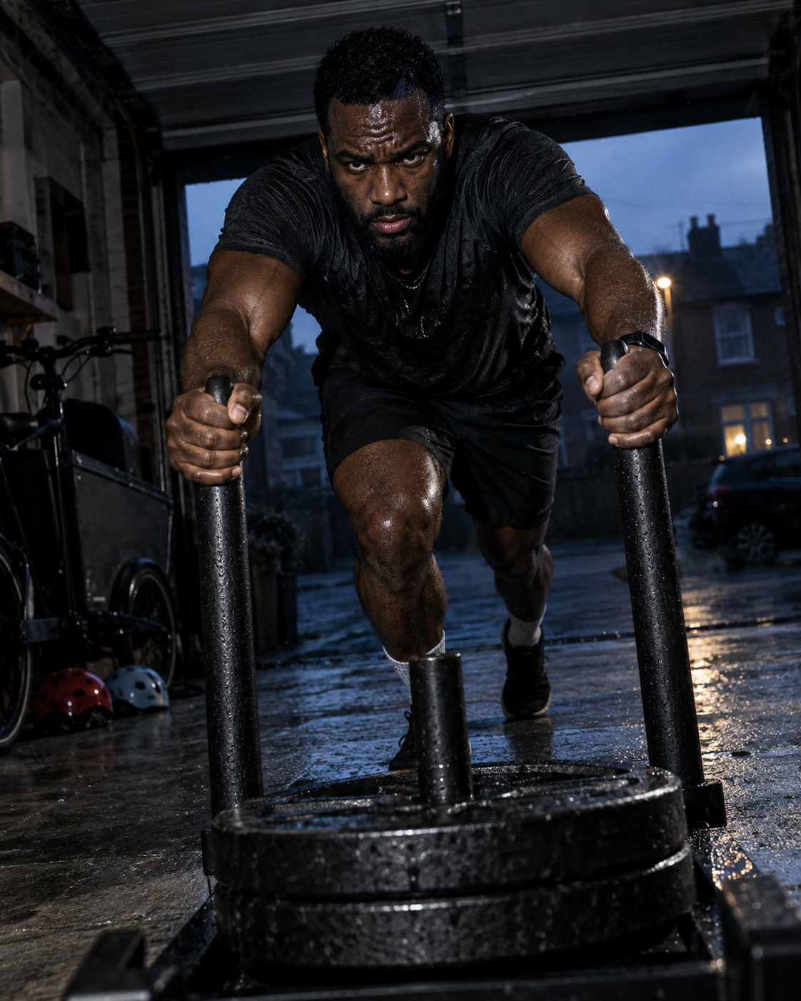 A father pushing a weighted sled before the rest of the house wakes