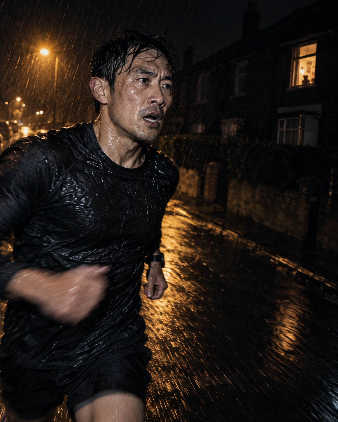 A father running alone through a wet residential street at night