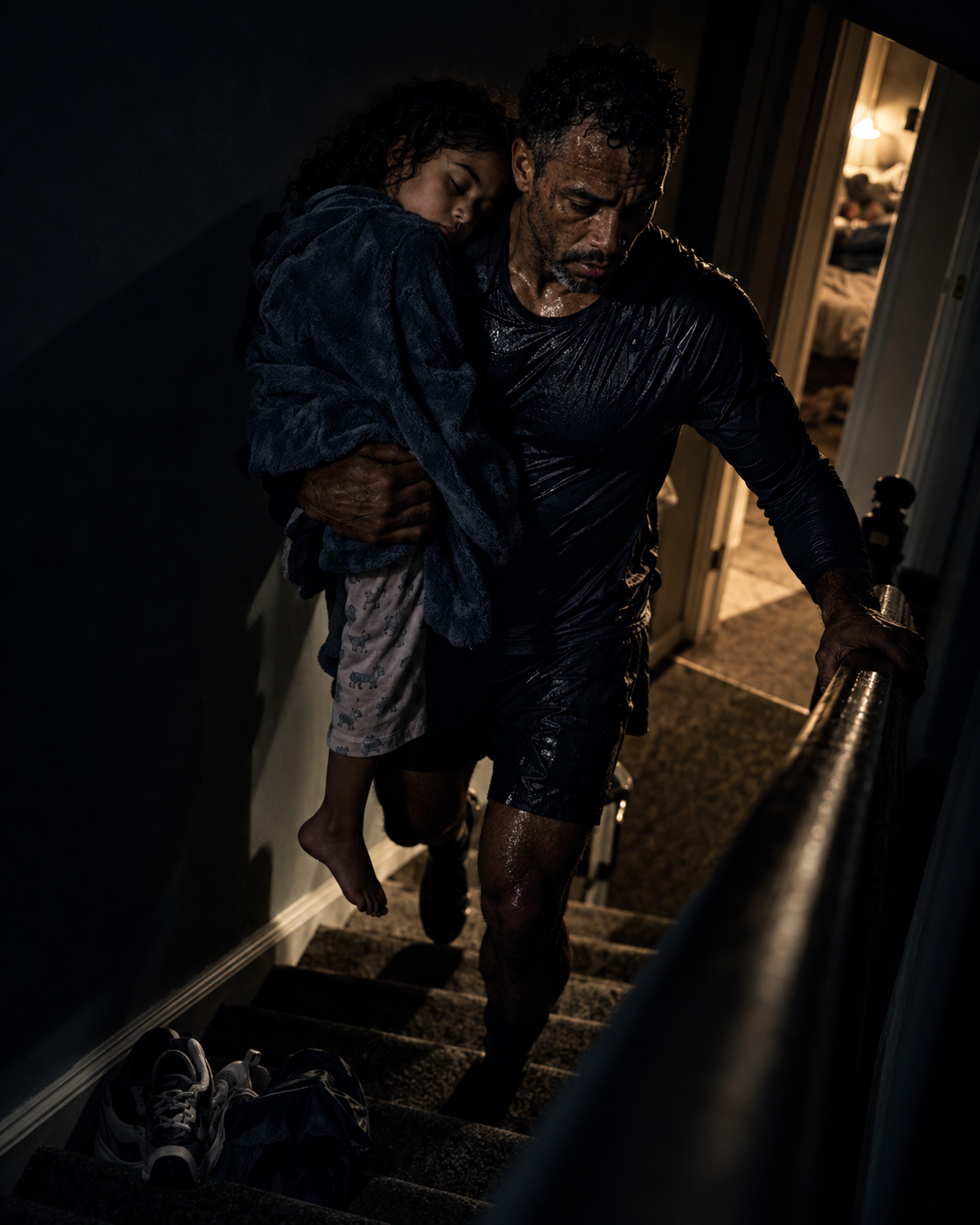 A father carrying his sleeping child upstairs after a late run