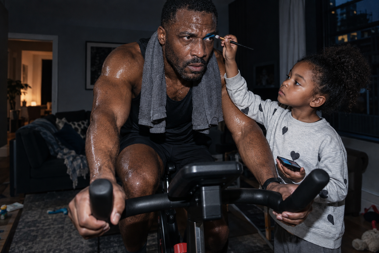 A daughter applies makeup while her father finishes an indoor bike session