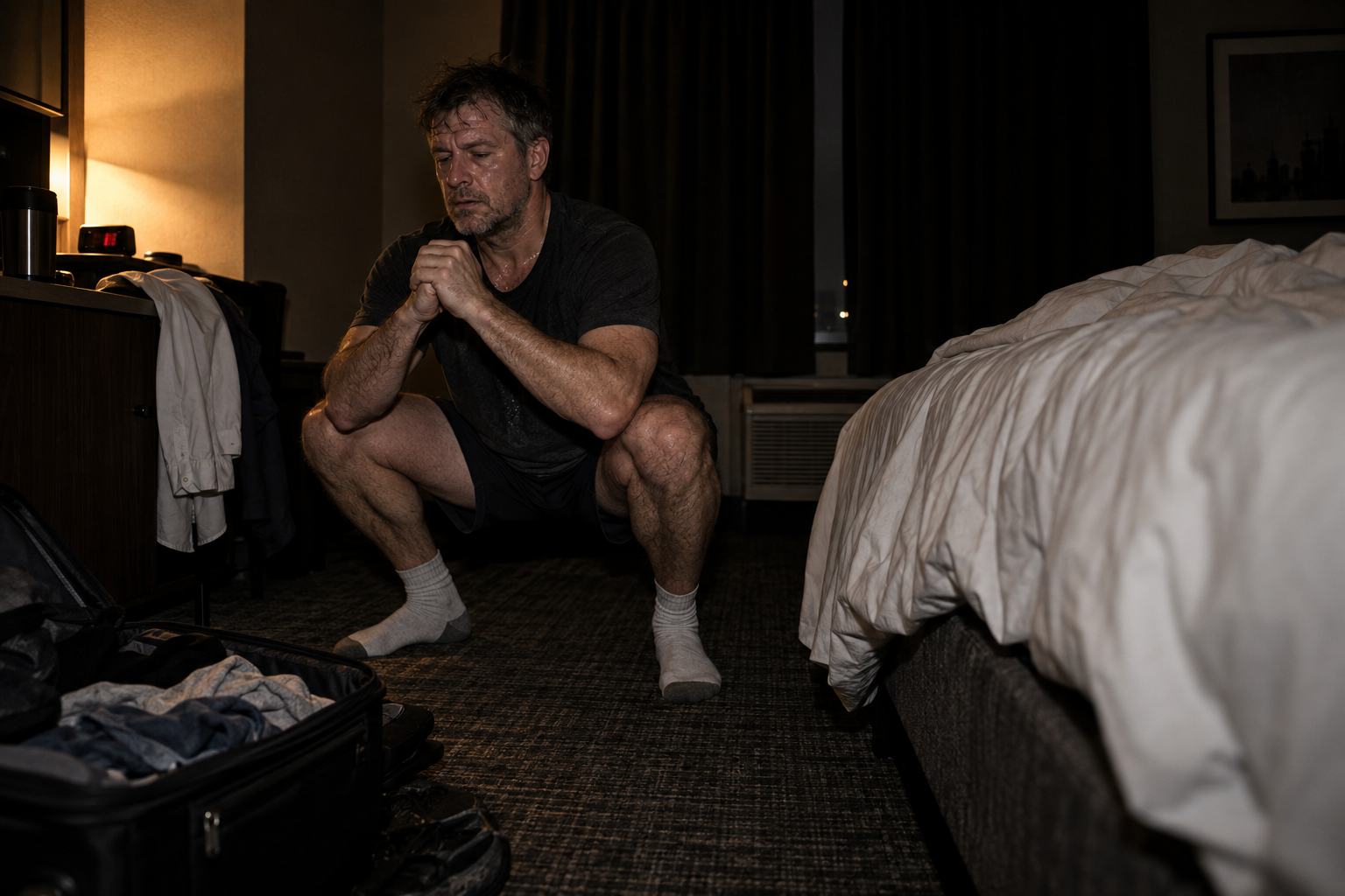 A jetlagged father does squats in a cramped hotel room before dawn