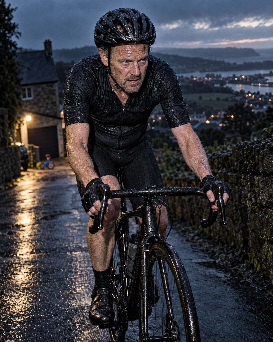 A wiry middle-aged weekend cyclist attacking a steep climb in rain
