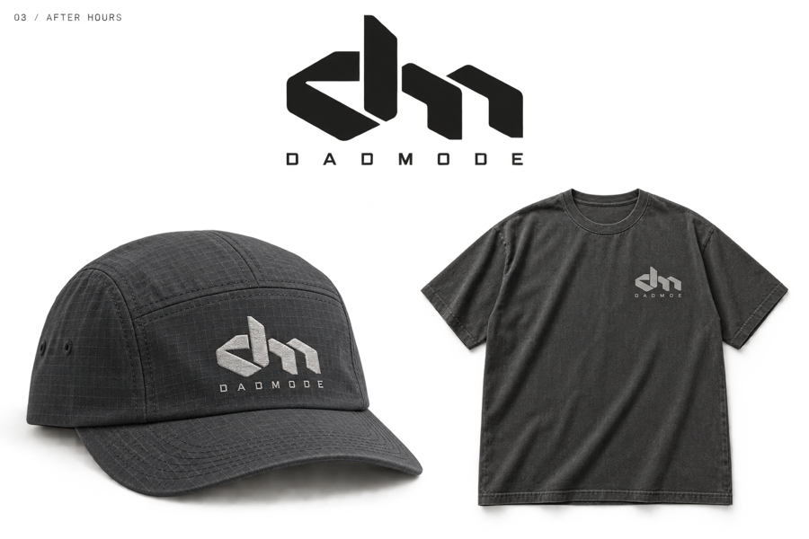 DadMode After Hours concept: technical charcoal cap and graphite T-shirt with a compact mark.