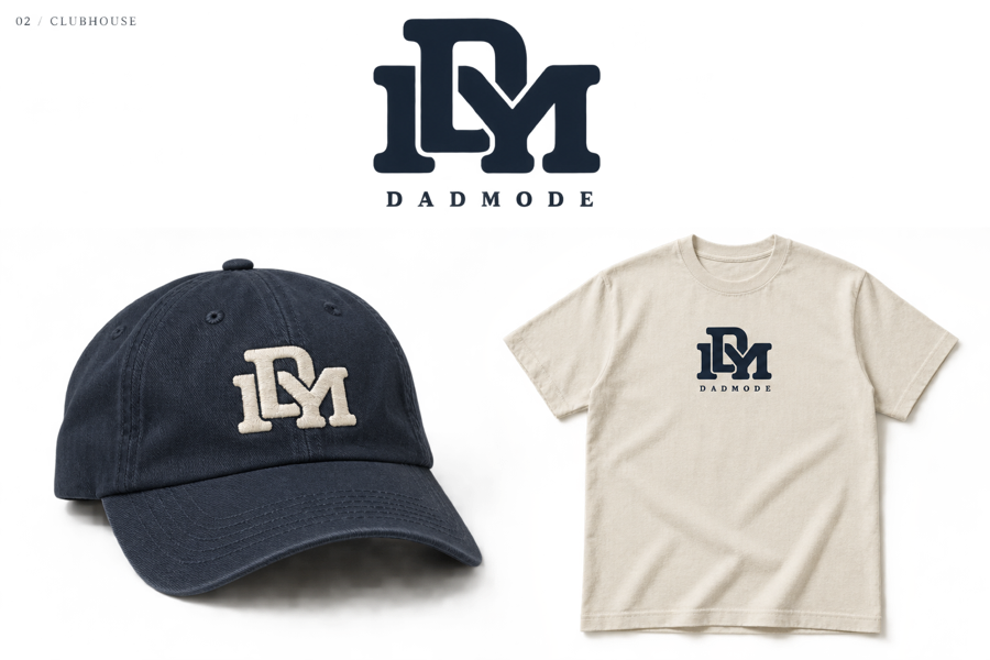 DadMode Clubhouse concept: navy cap with a cream monogram and an oatmeal T-shirt.
